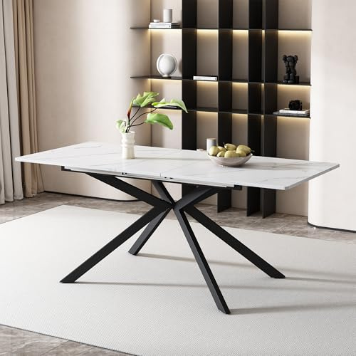 Generiskt Expanderbart matbord 150–180 x 70 cm, automatiskt utdragbart bord med korsben och marmorutseende i svart/vitt, starkt MDF-soffbord för matsal