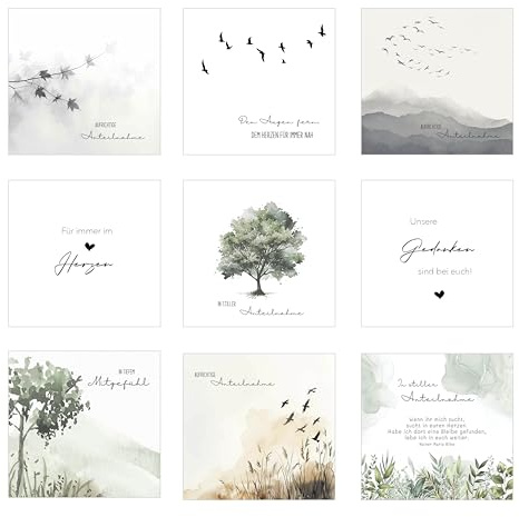 Edition Seidel Juego de 9 tarjetas de condolencia cuadradas premium con sobres. Tarjetas de condolencia, tarjetas dobles, tarjetas plegables, tarjeta de condolencia, con refranes y condolencias (SW026