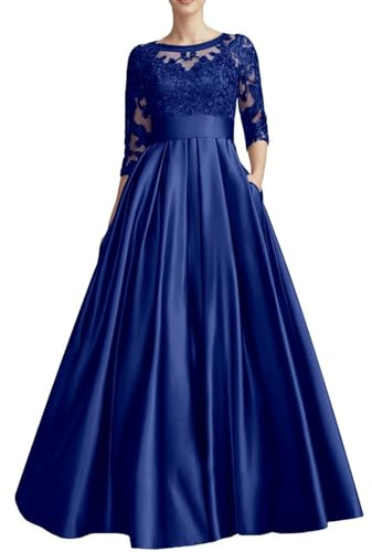 KIYNE Abito da donna in raso per madre della sposa con applique in pizzo scollo rotondo abito per ospiti di nozze, Blu reale, 54 Più