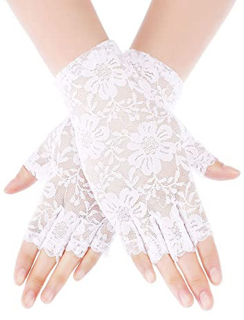MINGZE Spitzen Handschuhe, Frauen Handgelenk Länge Halbe Fingerhandschuhe, Sexy Braut Hochzeit Blumenspitze Fingerlose Handschuhe UV Schutz Kostüm Handschuhe (Weiß, Halbfinger)