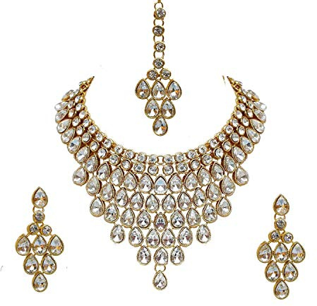 I Jewels Gold Plated Indian Traditional Bollywood Style Wedding Stone Studded Bridal Choker Necklace Set for Women (IJ332W)