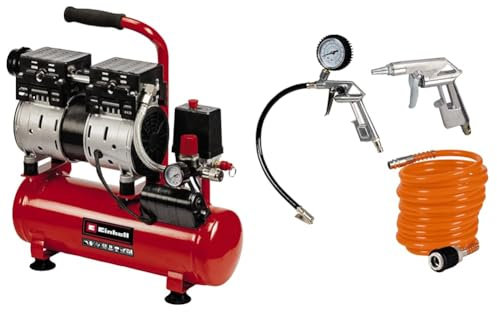 Einhell Kompressor TE-AC 6 Silent (550 W, max. 8 bar, 110 L/min Ansaugleistung, öl- und servicefreier Motor, 6 l-Tank, Manometer, Schnellkupplung, Sicherheitsventil, inkl. Einhell Druckluftset 3-tlg.)