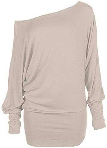 FAIRY TRENDZ LTD Womens Long Sleeve One Off Shoulder Plain Baggy Batwing Top Ladies Party Wear Shirt (Stone UK 12-14)