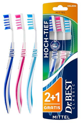 Dr.BEST Hoch-Tief Zahnbürste, Mittel, Vorteilspack – Hoch-Tief-Borsten für eine gründliche Reinigung, mit angeschrägten Borstenreihen für ideale Anpassung an die Zahnreihe.