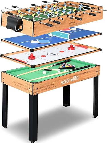 SereneLife 2/4/5/6-in-1 Multifunktionstisch – inkl. Billardtisch, Tischtennisplatte, Tischkicker, Kickertisch, Airhockey Tisch, Shuffleboard & Bowling Tische – Spieltisch Kinder & Erwachsene