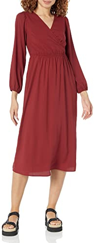 Amazon Essentials Robe midi légère en georgette à manches longues avec col en V (disponible en grande taille) Femme, Bordeaux, 4XL Grande Taille