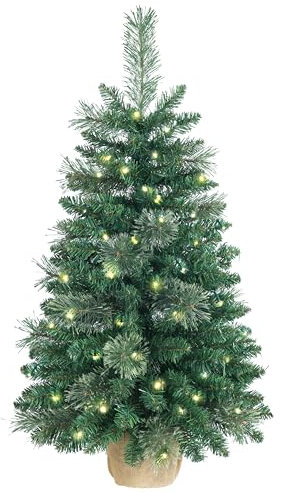 Pre-lit artificial Christmas tree 90cm/3ft,100 PVC Branches Tips+20 Flowering Pine Needles+Burlap Wrapped Plastic Base,Green Xmas Tree for Tabletop or Desk
