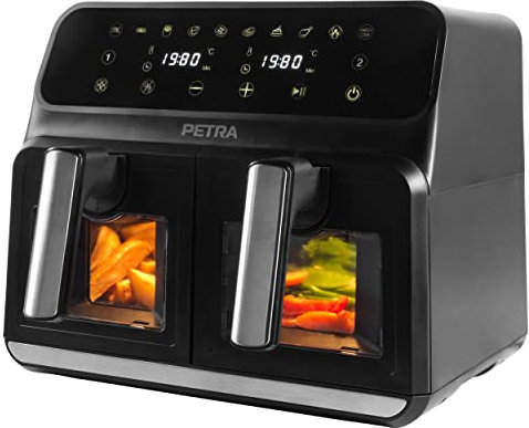 Petra PT5196GWVDE 7,6-l-Doppel-Heißluftfritteuse - Fritteuse ohne Öl, Ölfreier Kocher, Doppelschublade mit Glassichtfenstern, 2 antihaftbeschichtete große Frittierkörbe, 10 Kochfunktionen, 1700 W