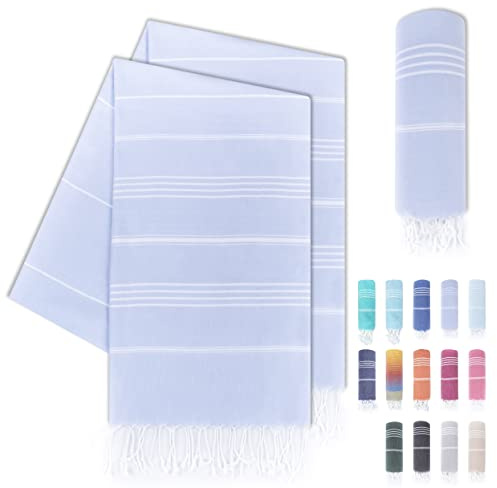 LAYNENBURG Juego de 2 Toalla de Playa Premium con Flecos anudados a Mano - 100% algodón - Toalla de hammam XXL 100x200 cm - Oeko-Tex 100 - fouta Grande - pestemal de Sauna y de Viaje (Azul Claro)