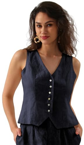 Amazhiyu Chaleco de lino puro para mujer, sin mangas, con botones, cuello en V, chaleco de verano, chaleco con correa ajustable