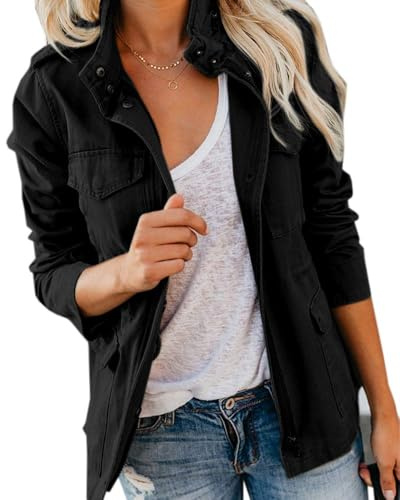 Imily Bela Chaquetas militares para mujer con cremallera, chaqueta anorak ligera, safari, utilidad, con bolsillo, Negro , S