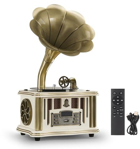 Giradischi fonografico retrò, grammofono vintage nostalgico con altoparlante Bluetooth wireless e radio FM per telefoni cellulari, tablet, laptop,White