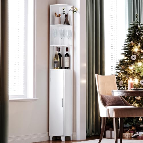 MOHOPE Corner Shelf with Cabinet, 74.8 Tall Corner Cabinet with Door, 5-Tier Narrow Bookshelf with Adjustable Shelves, Display Cabinets for Living Room, Bathroom, Dining Room, Small Space, White