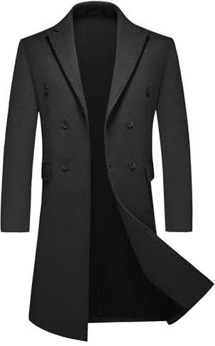 KUDMOL Mens Long Trench Coat Winter Double Breasted Wool Blend Classic Peacoat(Black,2XL)