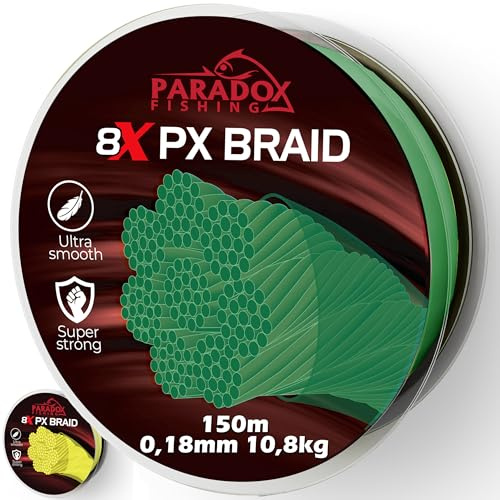 Paradox Fishing 8X PX geflochtene Angelschnur I Tarngrün 150M - 0,18mm - 10,8kg – Angelschnur geflochten- 8fach eng geflochten