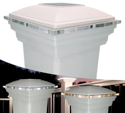 DekLights® Solar Lighted Post Cap for Trex Posts. Our Glass Edge Style Lens. to use with Your Trex Deck railings. White Molded top with Trex Classic White Base. Warm or Bright LED Selectable