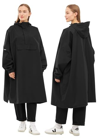 LARKSON Poncho Antipioggia Donna Uomo Nero - Lykke - Impermeabile Pioggia per Bicicletta Outdoor Festival - Colonna d'Acqua da 10000mm - Giacca Antipioggia con Cuciture Nastrate