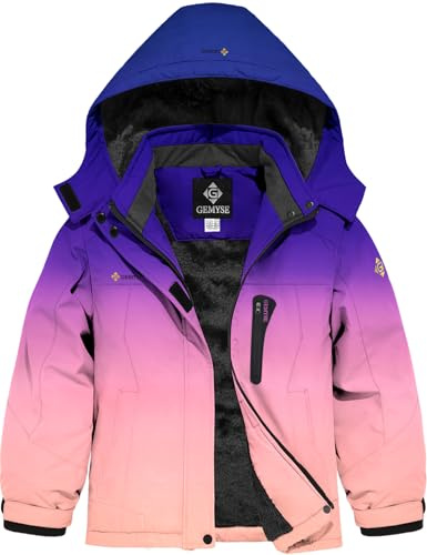 GEMYSE Veste de Ski Hiver pour Fille Enfant Blouson Chaud Imperméable Coupe-Vent avec Capuche et Doublure Polaire pour Neige de Montagne(Étoile Violet,140-146)