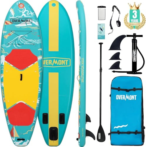 Overmont SUP Inflatable Stand Up Paddle Board for adults, with Adj Paddle, 323x84x15cm Lightweight & Foldable, Pump, Backpack, Leash, 3 Fins, Non-Slip Deck，Waterproof Bag