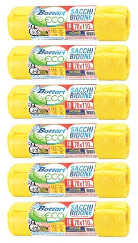 Bottari 60 Sacchi Immondizia 110L 70x110 cm con Laccetti di Chiusura, Gialli, Raccolta Differenziata Secco, Sacchi per Spazzatura Resistenti e Riciclati, 6 Rotoli da 10 Pezzi