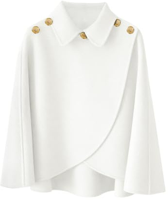 JFAN Poncho Mujer Invierno Elegante Cálida Capas con Botones e solapa Suelto para Otoño e Invierno,Blanco
