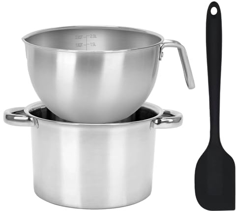 3PCS Double Boiler Pot Set, 2000ML/1.8QT Mixing Bowl with Scale 2800ML/ 2.54QT Stainless Steel Heating Pot with Silicone Spatula for Cheese Chocolate Candy Candle Soap Wax Melting (2000ml+2800ml)