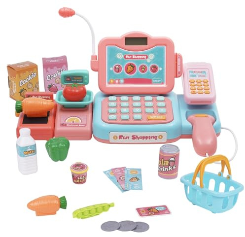 Maycoly Caja Registradora Juguetes, Maquina Registradora Juguete con Sonido, Escáner, Comida, Cesta, Tienda Supermercado Regalo para Niñas Niños 3 4 5 Años