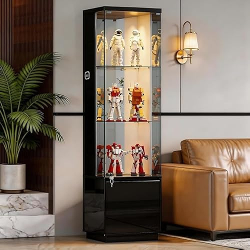 Corner Glass Display Cabinets with Cupboard and Led for Living Room,Black