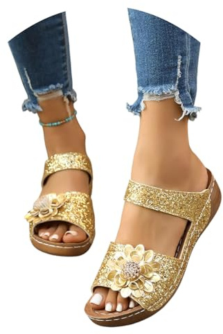MEECHI 2026 Nuevas Zapatillas con Lentejuelas Sandalias Ortopédicas for Mujer con Soporte for El Arco Pantuflas De Cuero PU con Flores En 3D Zapatos De Playa con Plataforma De Goma(Gold,40 EU)