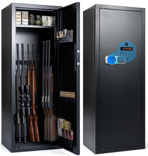 COSTWAY Armoire à Armes pour 6 Fusils, Coffre-Fort 3 Façons de Verrouillage | avec Fonction Alarme, Mode Silencieux, Éclairage LED et Porte-Fusils Démontable, pour Maison Bureau, 48 x 38,5 x 130 cm