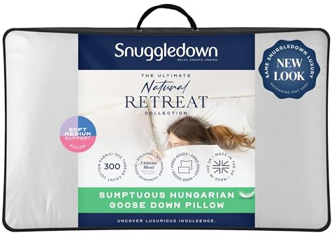 Snuggledown Hungarian Goose Down Pillow - 80:20 Ethically Sourced Fill for Front & Back Sleepers | Jacquard Cotton Cover, UK‑Made, Non-Allergenic & Washable (48 × 74 cm)
