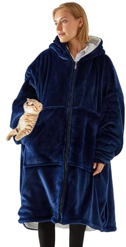 Couverture Sweat à Capuche Femme Homme Chaud Doux Pull en Polaire avec Poche Frontale Unisexe Robe de Couverture Flanelle avec Fermeture éclair pour Adultes Ados Intérieur Extérieur (Dark blue)