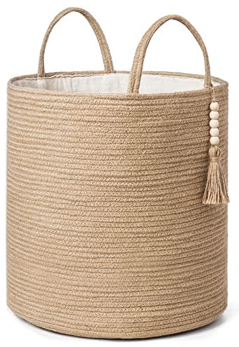 Mkono Cesto portabiancheria alto in vimini intrecciato, decorativo, in corda naturale, con perline in legno, decorazione per coperte, giocattoli, vestiti, scarpe, organizer per piante con manici, per