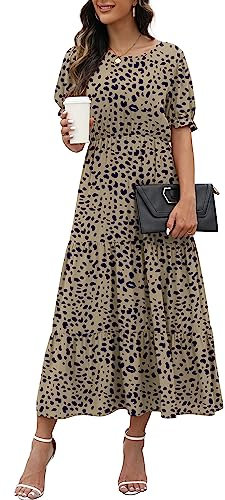 GRECERELLE Womens Summer Midi Dress Floral Print Boho Dress Ruffle Puff Sleeve High Waist A-Line Casual Boho Cocktail Holiday Beach Long Dress for Ladies (Apricot Navy Blue, XXL)