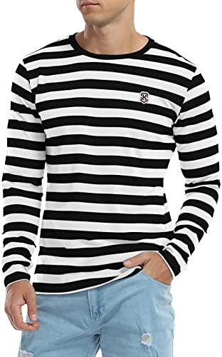 KUYIGO Maglietta da Uomo a Maniche Lunghe a Righe in Cotone Classico Girocollo alla Moda Giovane, Bianco e Nero., L