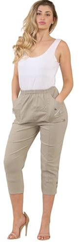 AR Paris Fashions® Women's Cherry Berry Capri Trousers - Ladies Plain Cropped 3/4 Length Italian Trouser Elasticated Waist Stretch Fit Summer Bottoms Pants (Stone, 12)