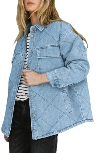 Dokotoo Winter Clothing for Women Casual Fall Jean Shirts Button Up Turn Down Denim Jacket for Women Rhombus Plaid Solid Long Sleeve Boyfriend Shacket Jacket Coats Outwear with Pockets 2XL Sky Blue