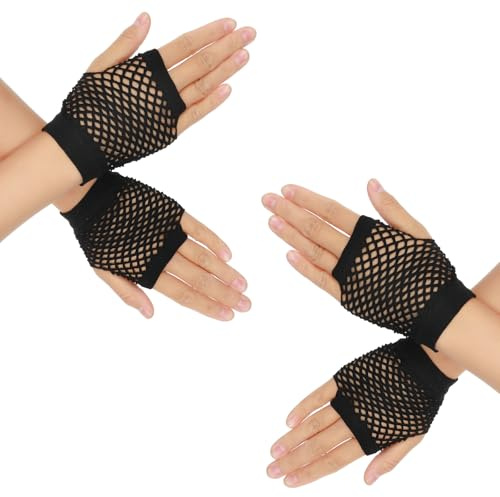 Yolev 2 Paar Netzhandschuhe Schwarz, Fingerlose Handschuhe Stretch Mesh Kurz Nylon Fishnet Gloves für 80er Jahre Kostüm Zubehör Disco Maskerade Partyzubehör