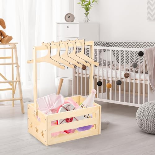 Caisse Décorative pour Fête Prénatale avec 5 Cintres - Panier de Rangement en Bois avec Poignée - Décoratif pour Vêtements de Bébé - Cadeau pour Fête Prénatale