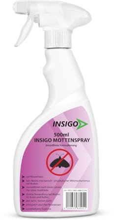 INSIGO Motten Abwehrspray 500 ml - Direkte Wirkung für Motten, Kleidermotten & Lebensmittelmotten - Rückstandsarmes Mottenspray auch für den Wohn- und Schlafbereich geeignet