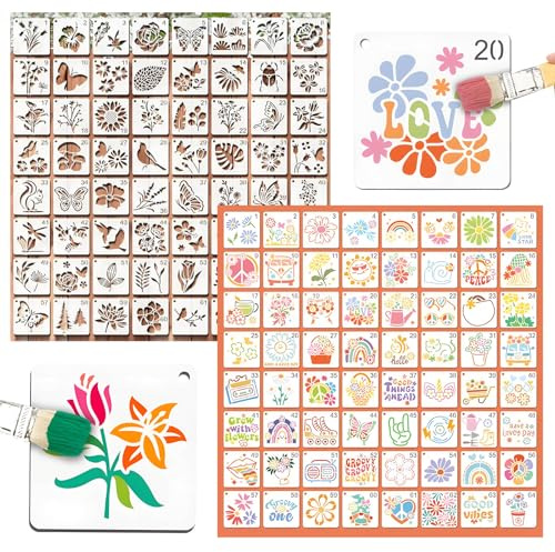 Malschablonen Kinder - 128 Stück Schablonen Set 7.62x7.62cm Wiederverwendbare Kunststoff Zeichenschablonen mit Blumen, Blättern & Tieren für DIY, Möbel, Holz, Boden, Scrapbooking, Textilgestaltung