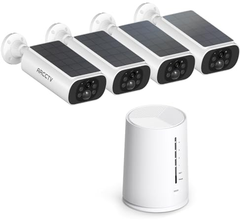 ARCCTV 2K Camera Surveillance WiFi Extérieure Solaire, 4 Cam + Base, 64Go Stockage, 4MP Caméra Exterieur à Batterie, Panneau Solaire, Vision Nocturne, Détection Mouvement PIR pour Maison/Garage,Kit-C3