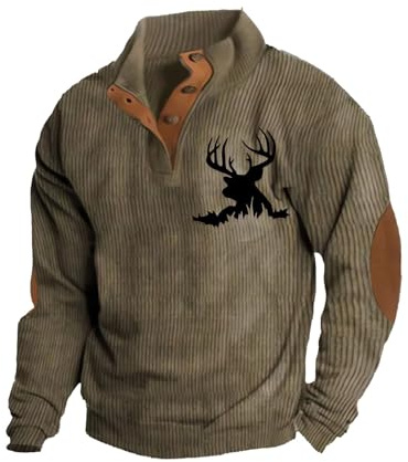 Generisch Herren Vintage Jagd Hirsch Bedruckte Henley Hemden Western Sweatshirts Langarm Fleece Stehkragen Button Down Pullover Jacke V Ausschnitt Wanderpullover Herrenpullover