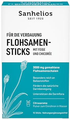 Sanhelios Semi di pulci indiani | 15 pratici bastoncini da mescolare in acqua | Con fico e cicoria | Fibra alimentare per digestione e equilibrio intestinale | feci morbide e attività intestinale