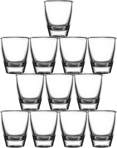 Snapsglas glas, 35 ml/3 cl likörglas av klart glas med tjock botten, små likörglas, diskmaskinssäker tjock bas, transparenta shot-glas, för högtidsgatherings, familjebarer, 12 stycken