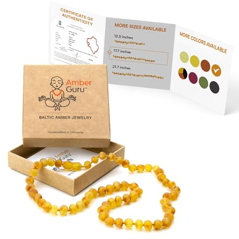 Amber Guru Baltic Amber Necklace for Women and Men (Authentic, Certified) - 17.7 Inches, Raw/Unpolished Beads - Handcrafted Unisex Amber Bead Jewelry for Adults (Honey)
