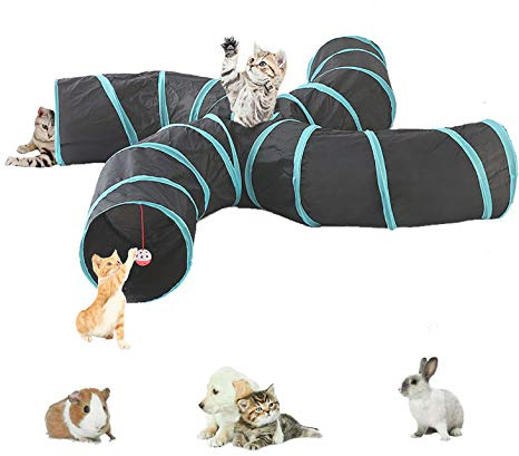 Labyrinthe à 5 tunnels interactif, pliable et léger en tissu froissé avec pompon et cloches pour chats, petits lapins, chatons, chiots, furets ou cochons d’Inde
