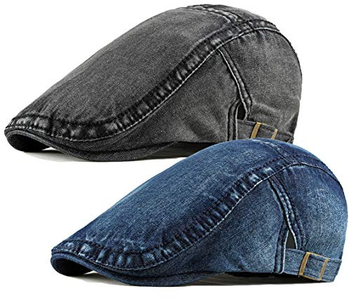 2 Pack Mens Denim Cotton Newsboy Cap Ivy Gatsby Driving Hunting Cabbie Hats (C)