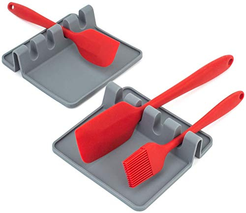 Lot de 2 repose-ustensiles de cuisine avec tapis d'égouttement - Porte-cuillère en silicone pour plaque de cuisson et comptoir, résistant à la chaleur, sans BPA, plateau antidérapant pour cuillères