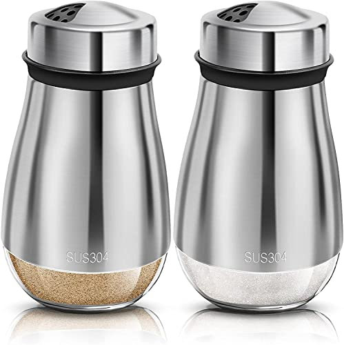 2 Pack Salt and Pepper Shakers Set,Salt Shaker with Adjustable Pour Holes ,304 Stainless Steel & Glass Salt Pepper Shakers,Refillable Spice Dispenser, for Pepper Salts Seasoning